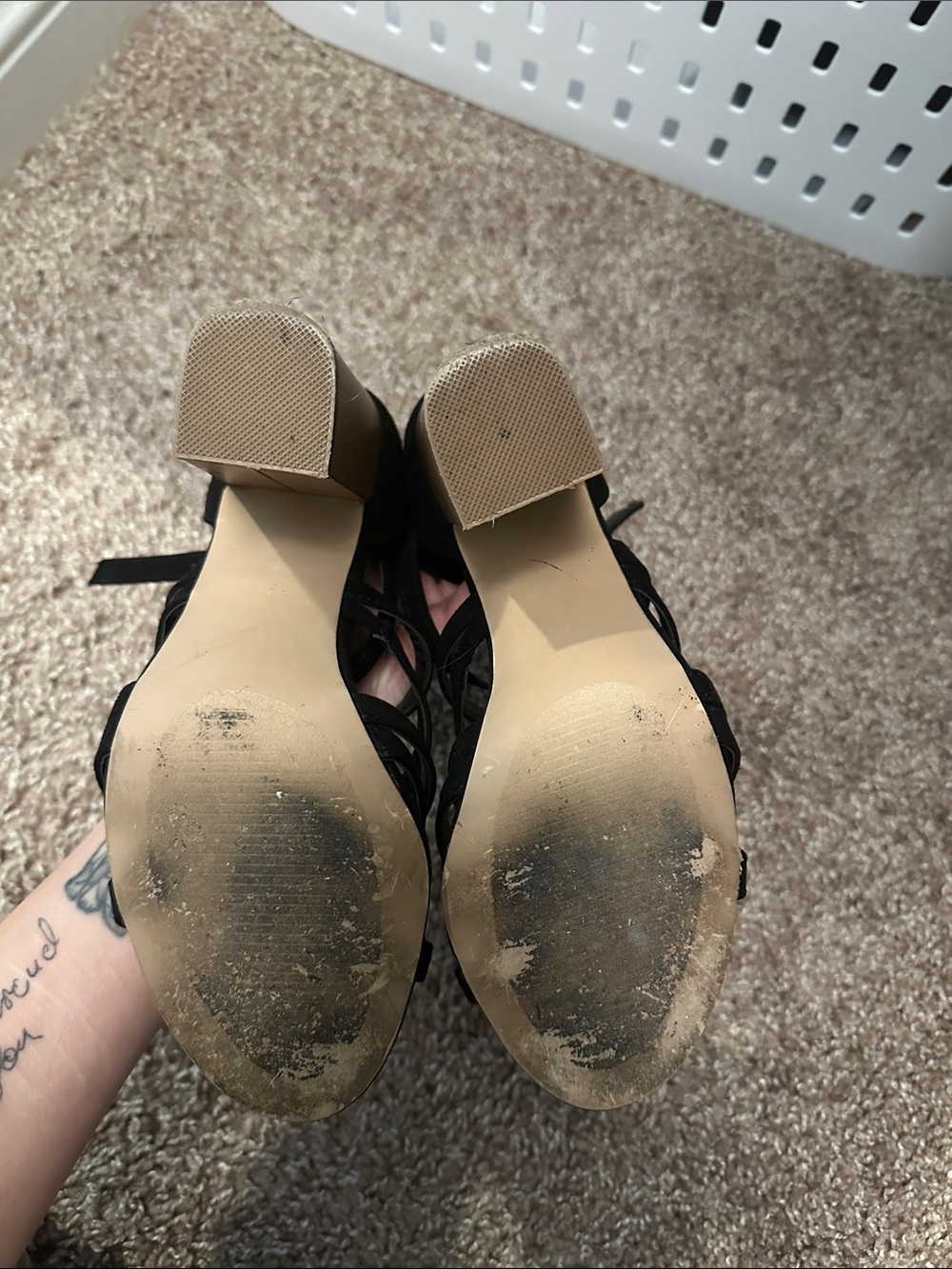 JustFab Black Strappy Block Heel Sandals with Tan Stacked Heel - Picture 3 of 4
